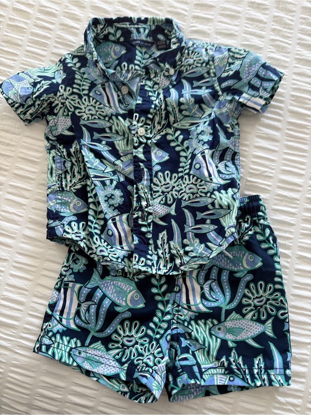 Janie and Jack Navy, Aqua & Mint Fish Print Set